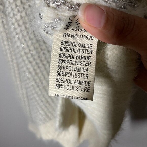 FRNCH Womens Sz S/M Mock Neck Fuzzy Geometric ZigZag Hem Ivory Metallic Sweater - Picture 5 of 9